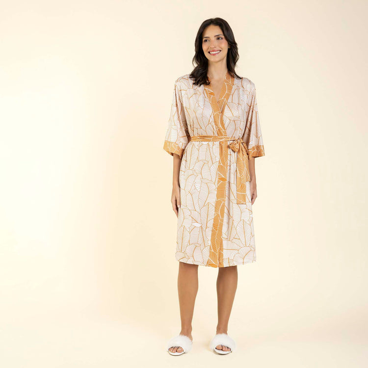 Robe Feminino Midi Folha Off White e Gold