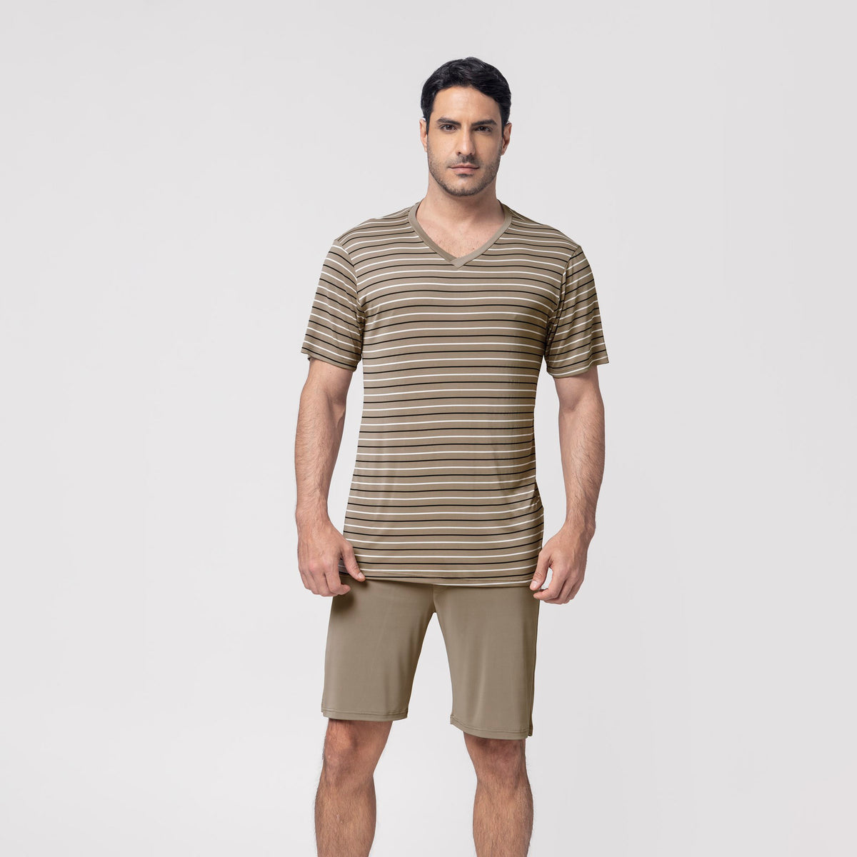 Pijama Masculino Curto Listrado Castanho