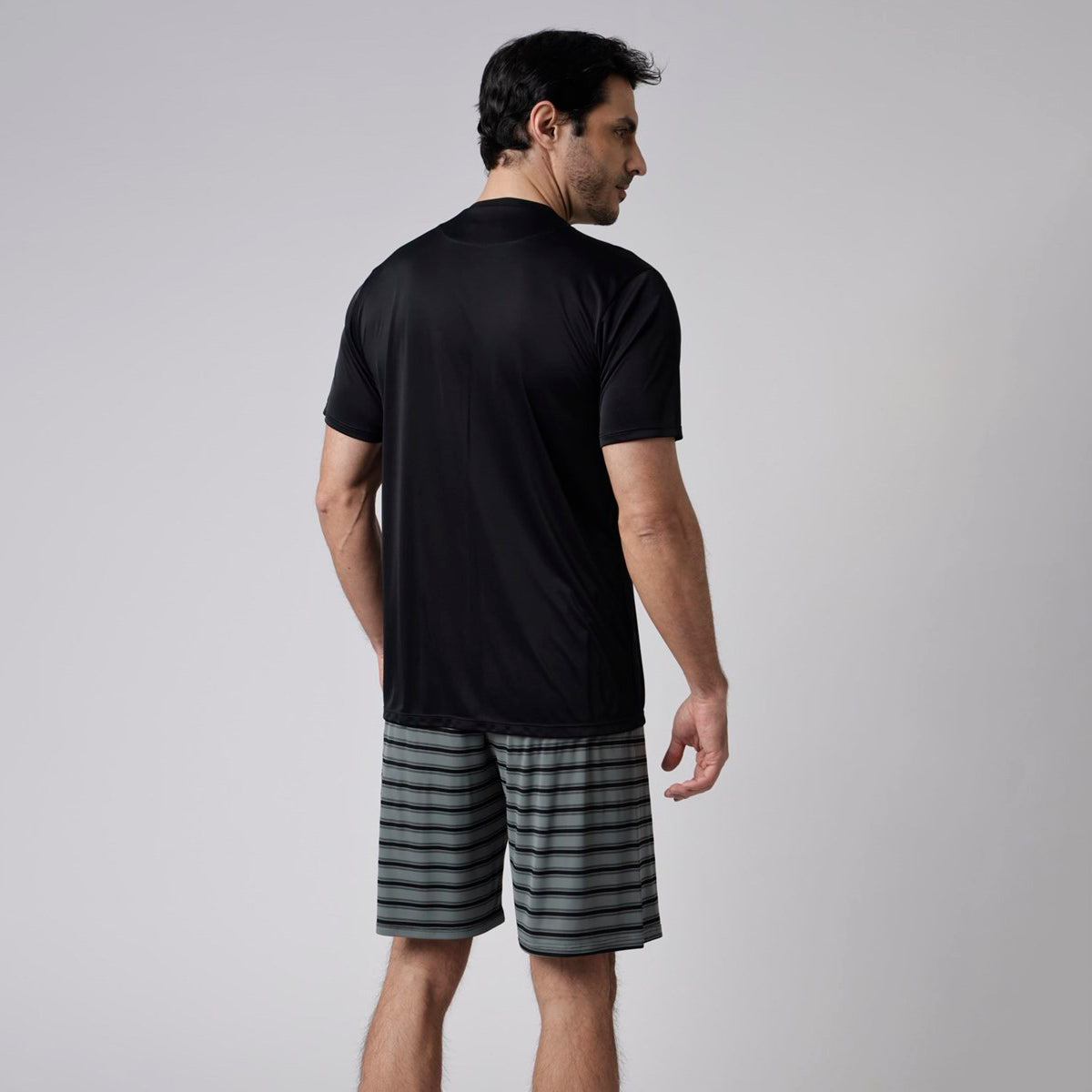 Pijama Masculino Curto Preto e Listrado Verde Teos