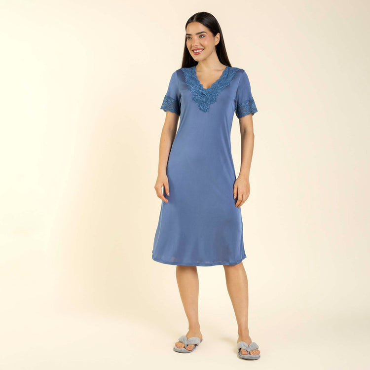 Camisão Feminino Midi Azul Tranquillus com Renda