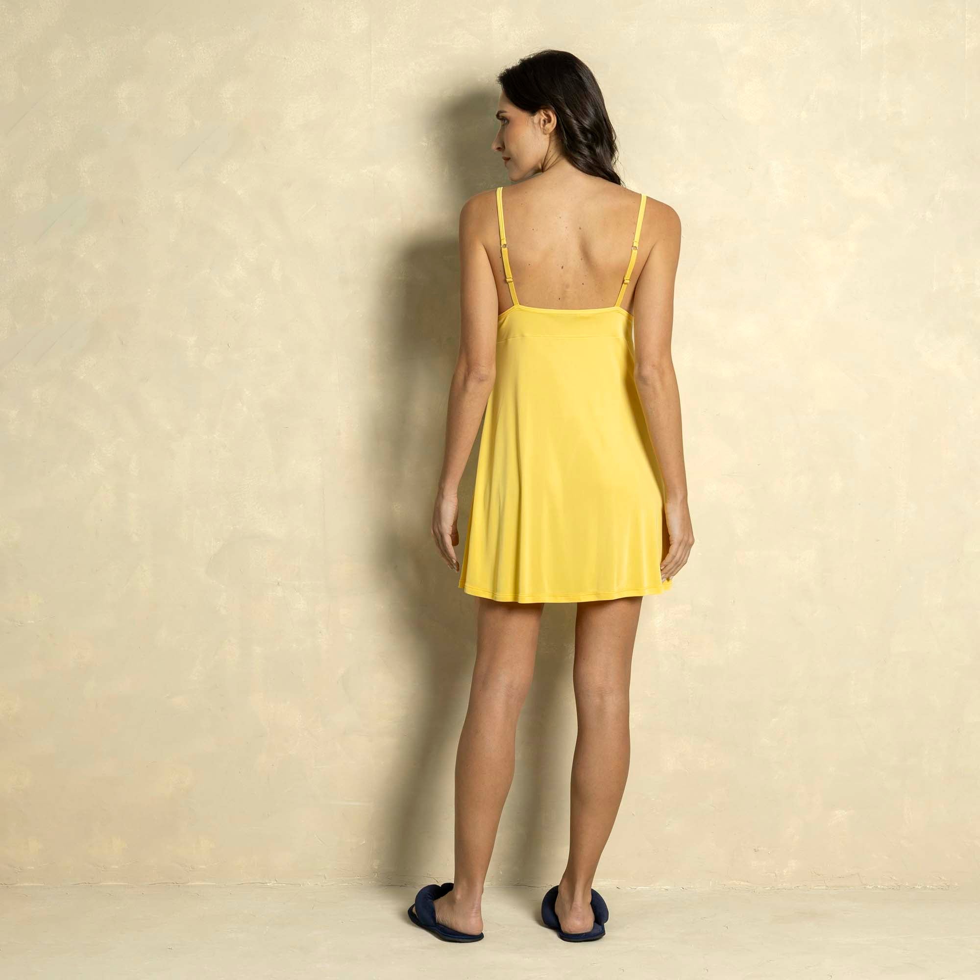 Camisola Curta de Alça Poliamida Amarelo com Renda