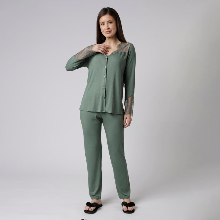 Pijama Feminino Aberto Longo Verde