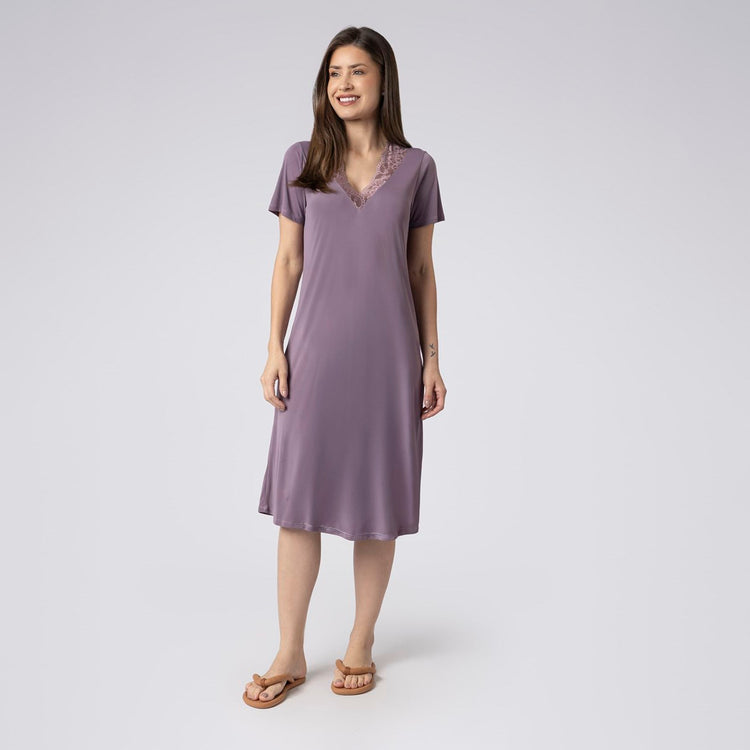 Camisão Feminino Midi Malva Celinda com Renda