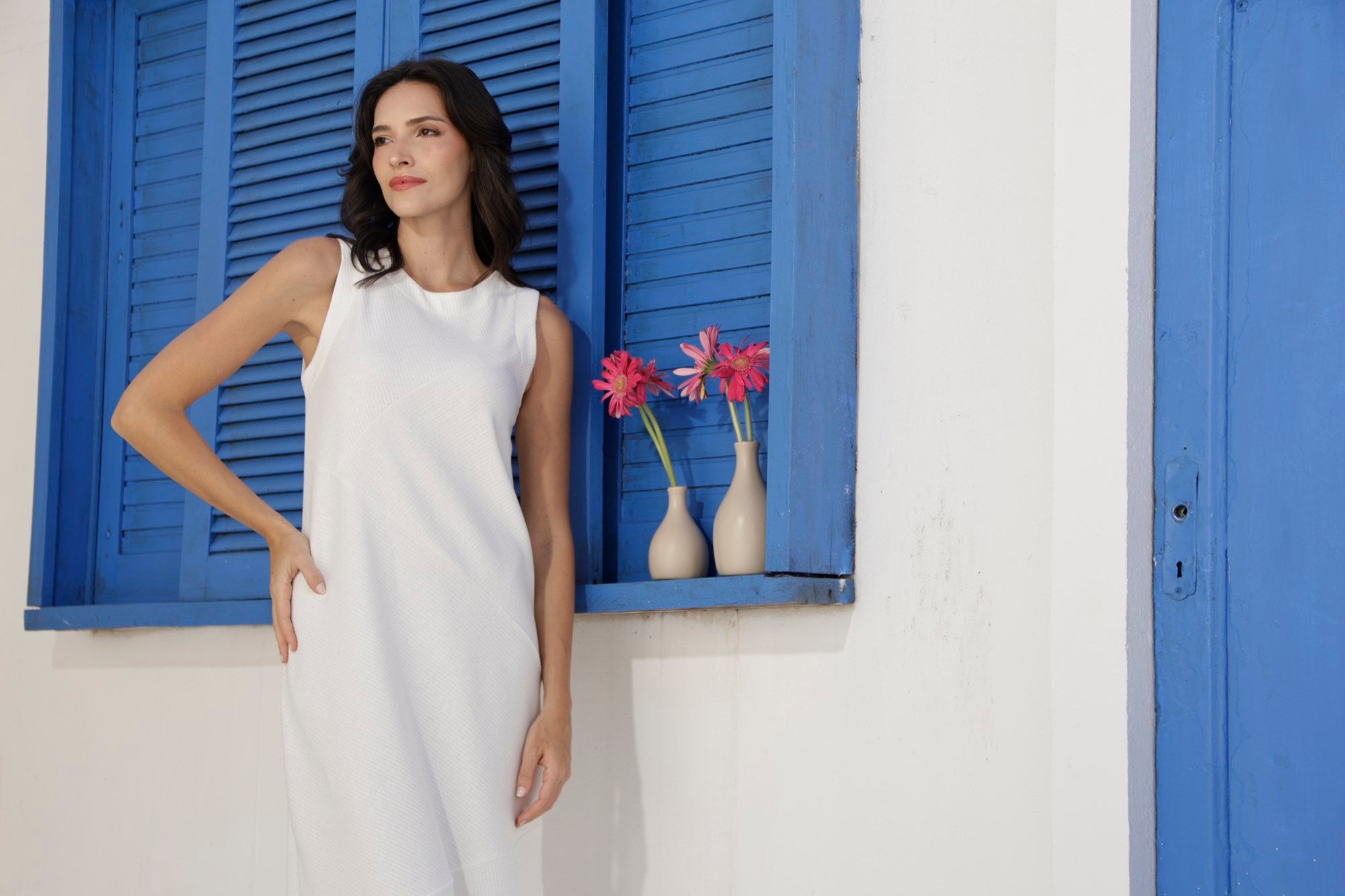 Vestido Midi Piquet Canelado Off White