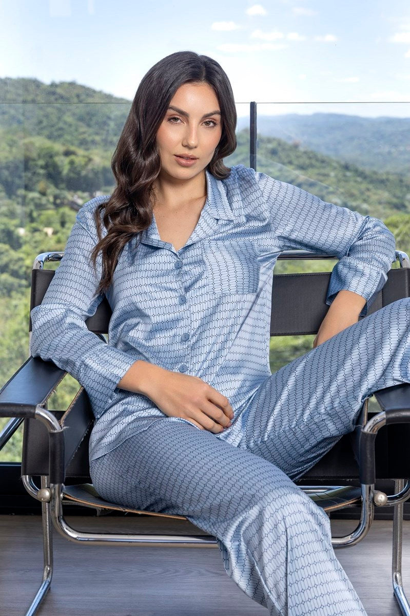 Pijama Feminino Aberto Longo Geométrico Blue