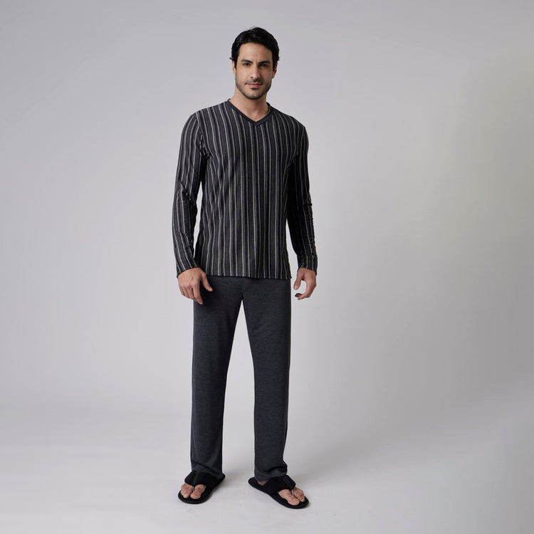 Pijama Masculino Longo Listrado Black e Preto