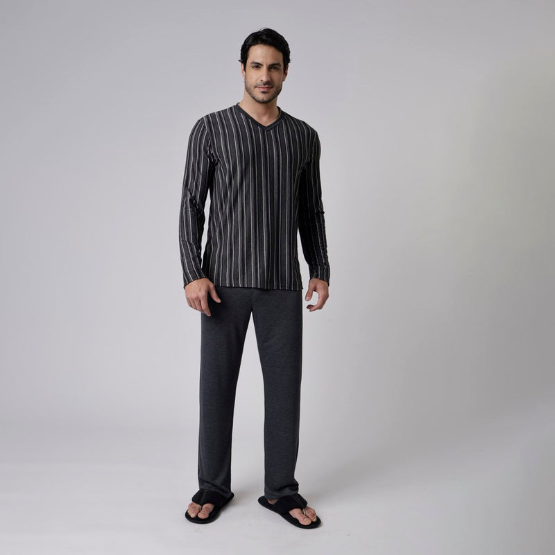 Pijama Masculino Longo Listrado Black e Preto