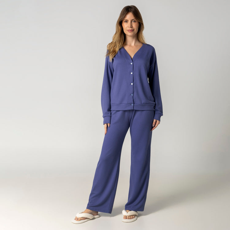 Pijama Feminino Longo Charlotte Aberto Azul