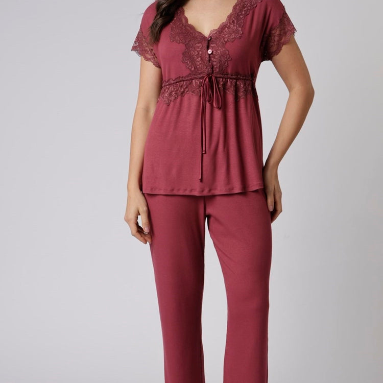 Pijama Feminino Gestante Manga Curta Bordô