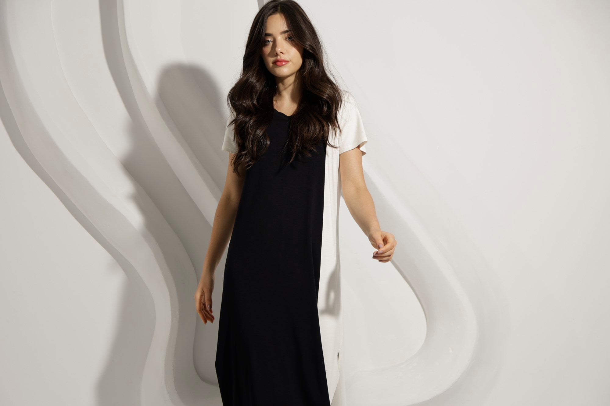 Kaftan Feminino Midi Preto com Off White