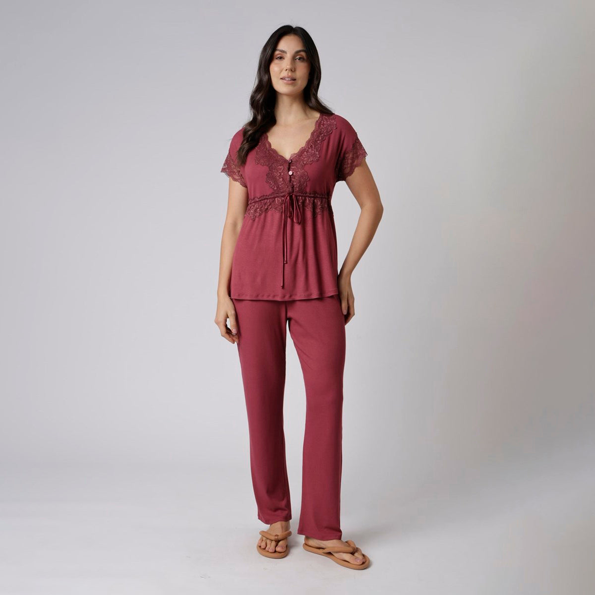 Pijama Feminino Gestante Manga Curta Bordô
