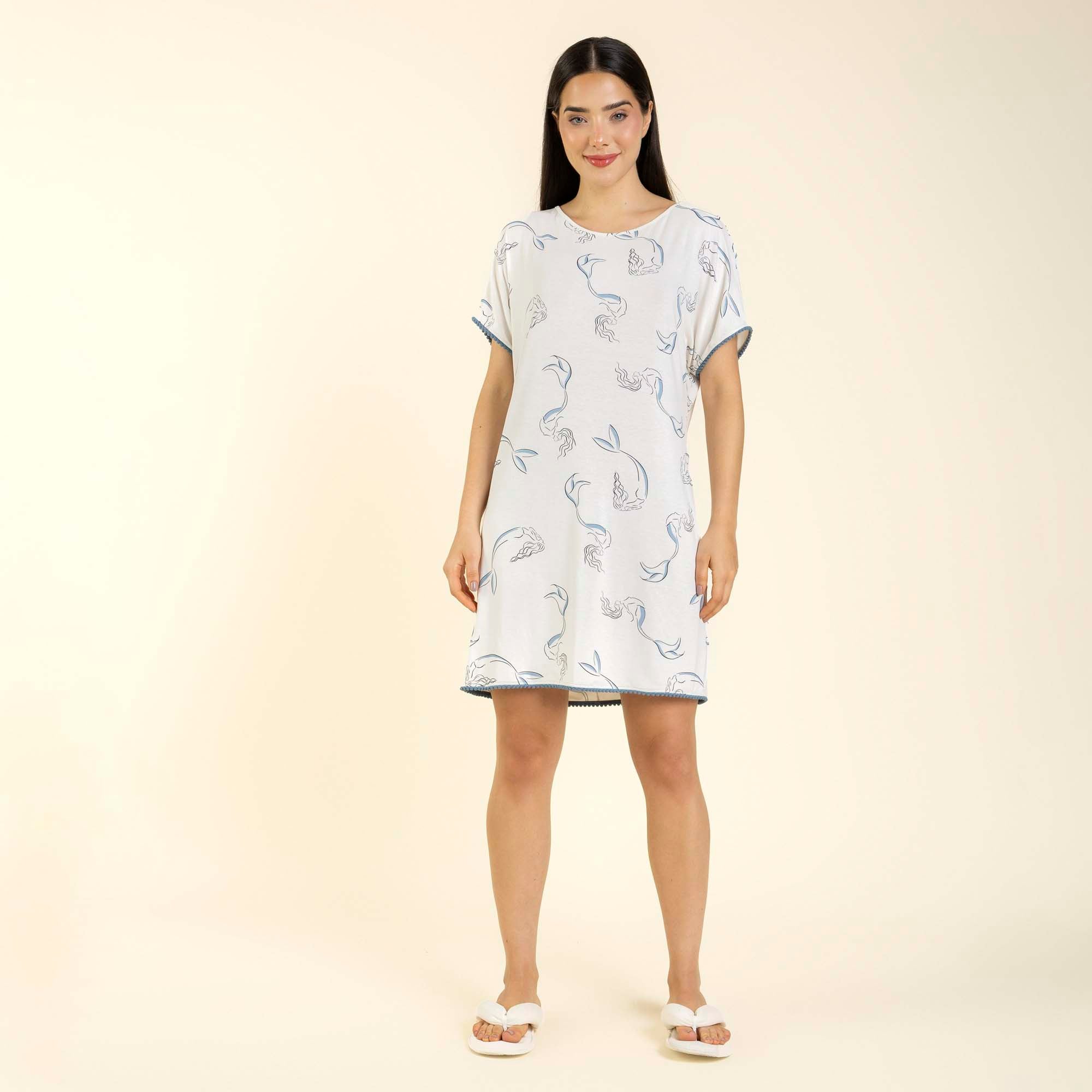 Camisão Feminino Curto Branco e Azul Sereia