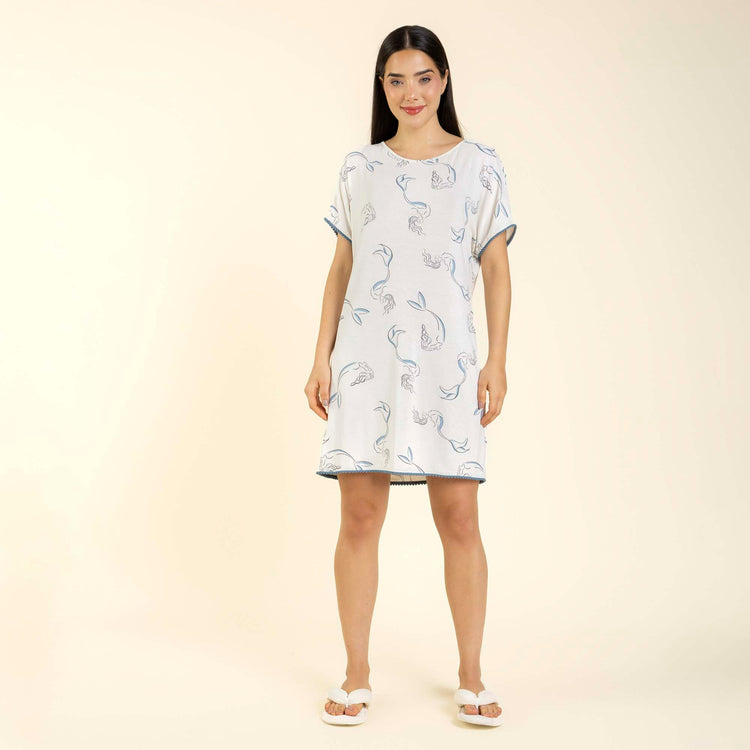 Camisão Feminino Curto Branco e Azul Sereia