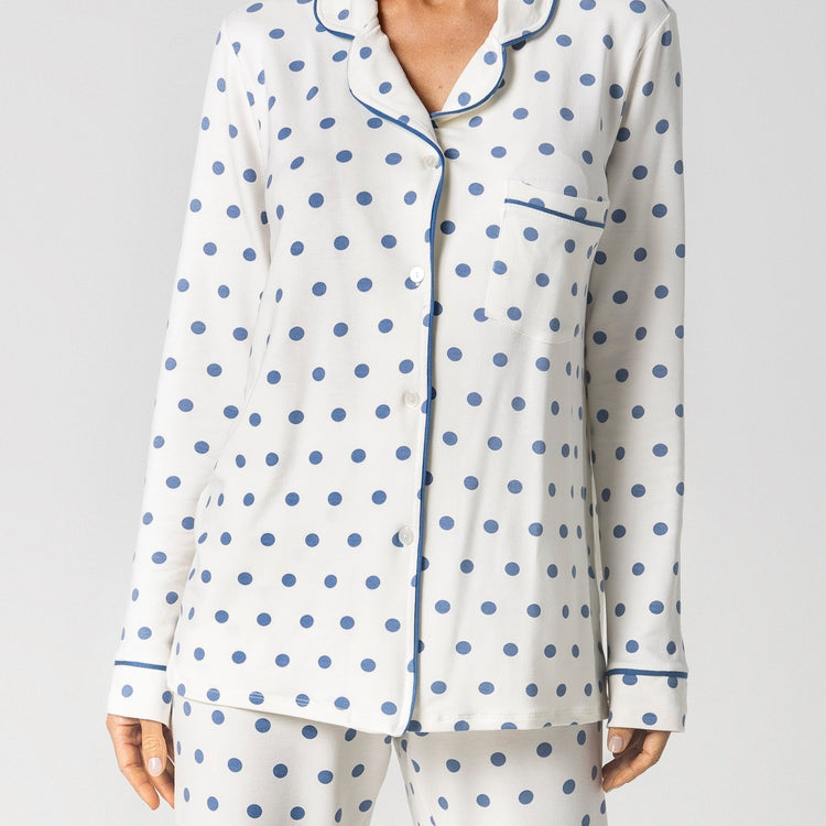 Pijama Feminino Longo Aberto Poá Azul