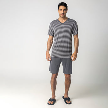 Pijama Masculino Curto Listrado Cinza Aço