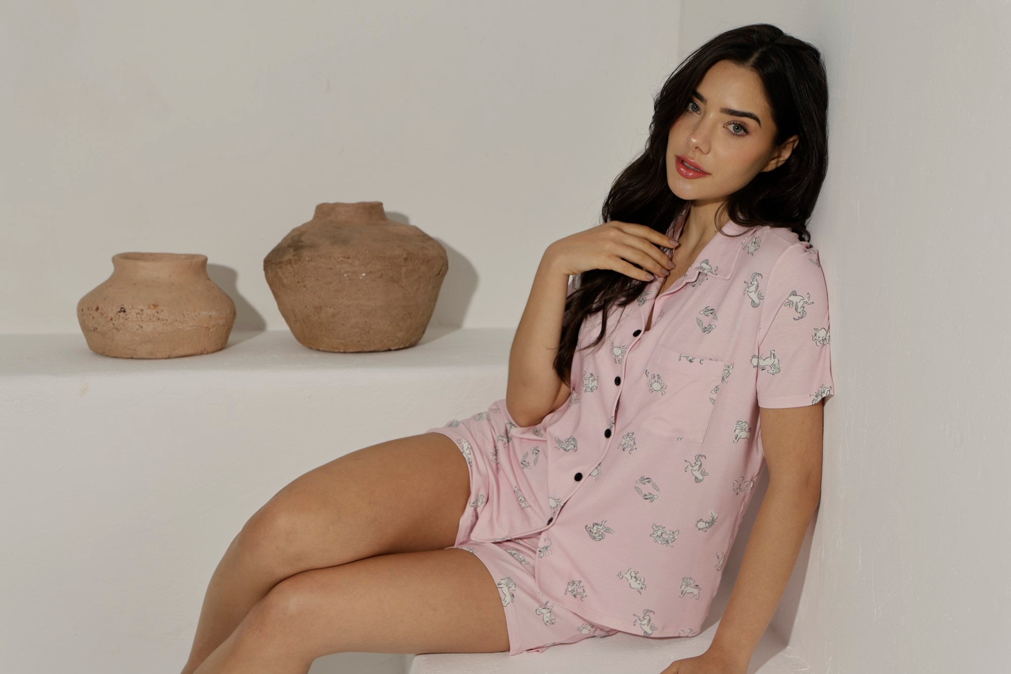 Pijama Feminino Curto Aberto Rosa Zodíaco