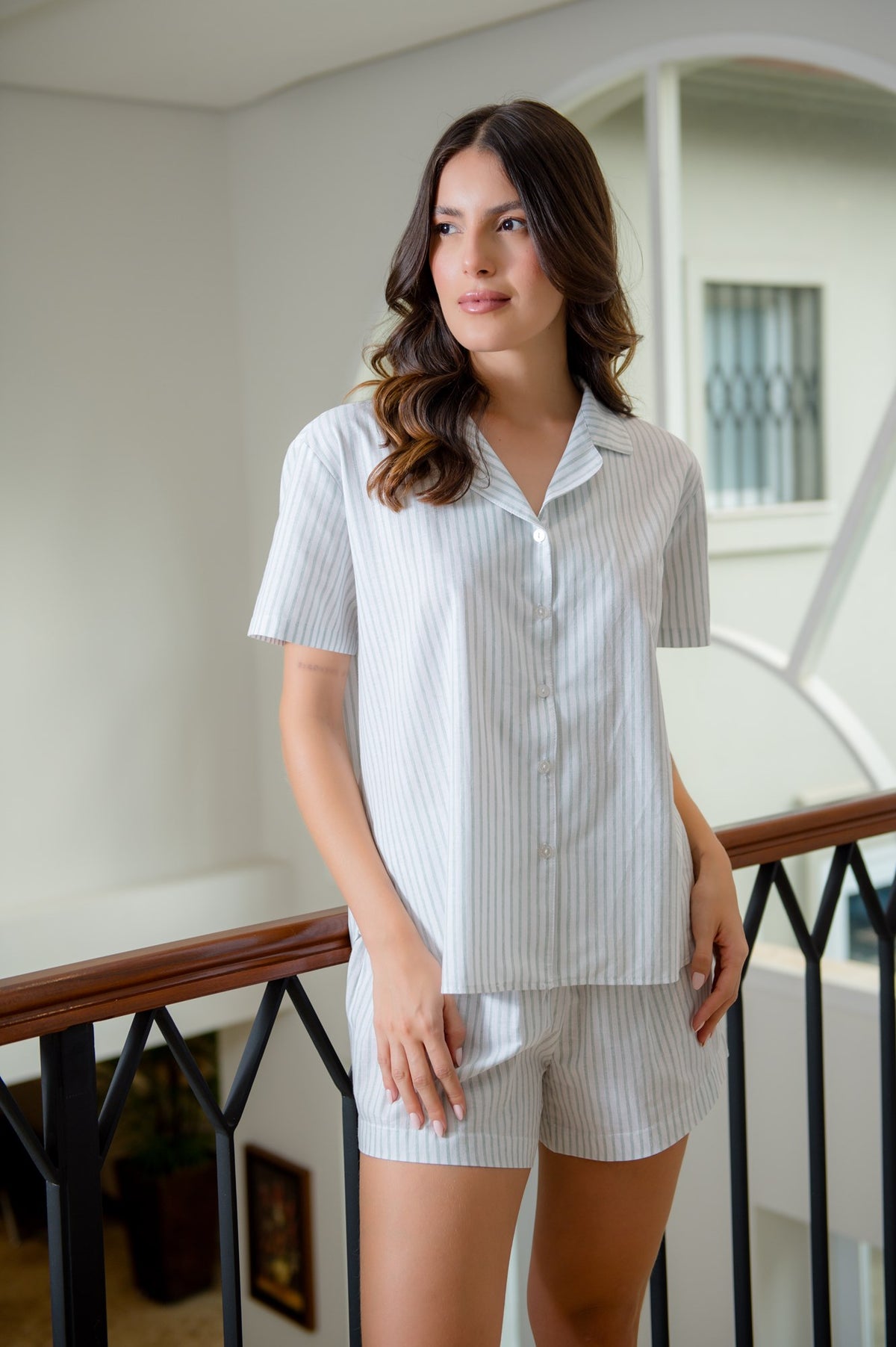Pijama Feminino Curto Aberto Listrado Verde