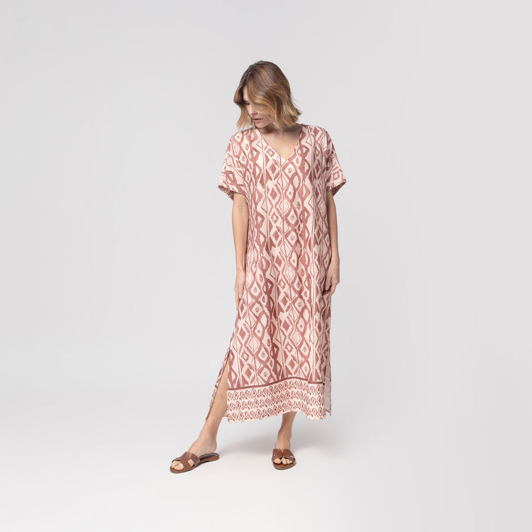 Kaftan Feminino Midi Rosa Mosaic com Fenda