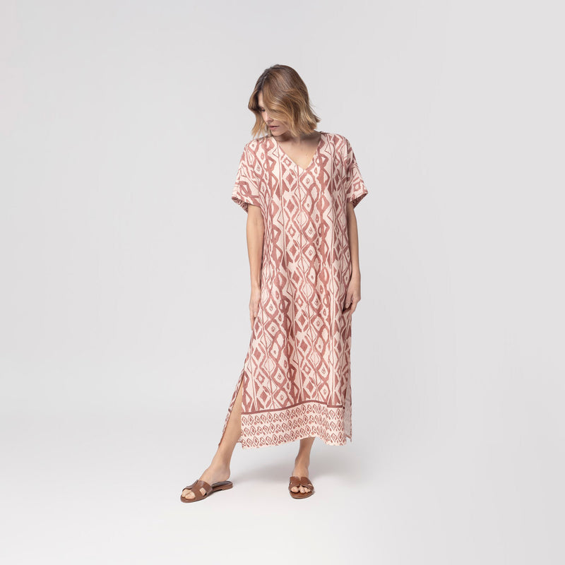 Kaftan Feminino Midi Rosa Mosaic com Fenda