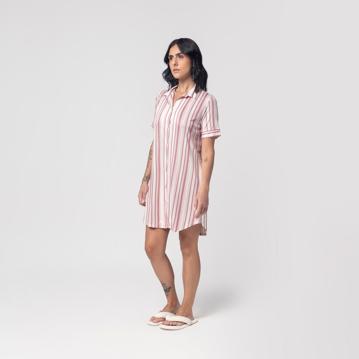 Camisão Feminino Curto Aberto Listrado Rosa