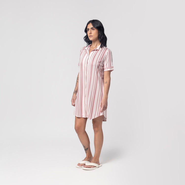 Camisão Feminino Curto Aberto Listrado Rosa
