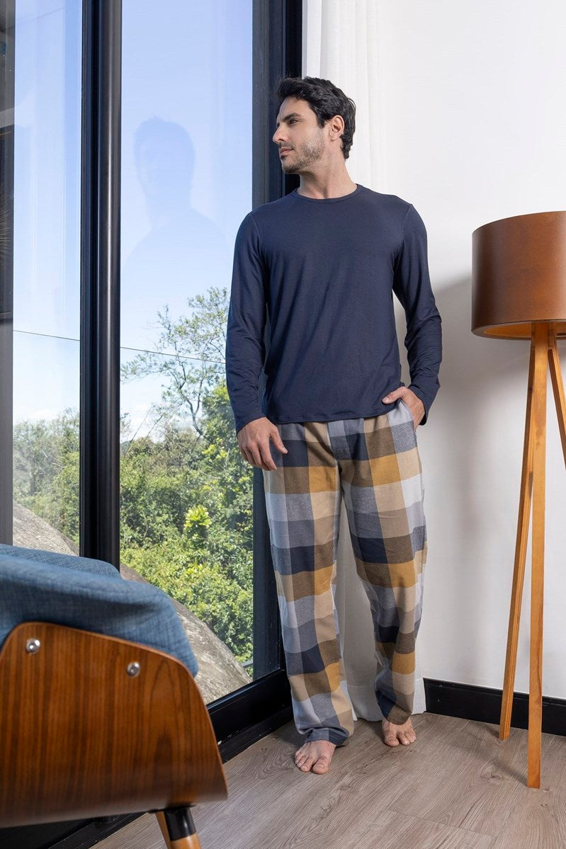 Pijama Masculino Longo Marinho e Xadrez
