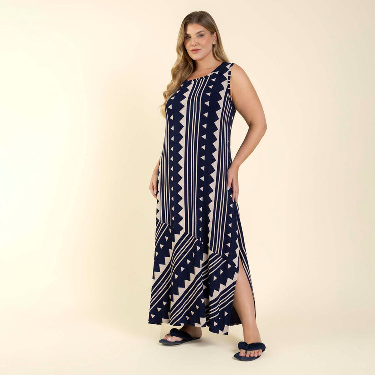 Camisola Longa Regata Plus Size Geometric Marinho