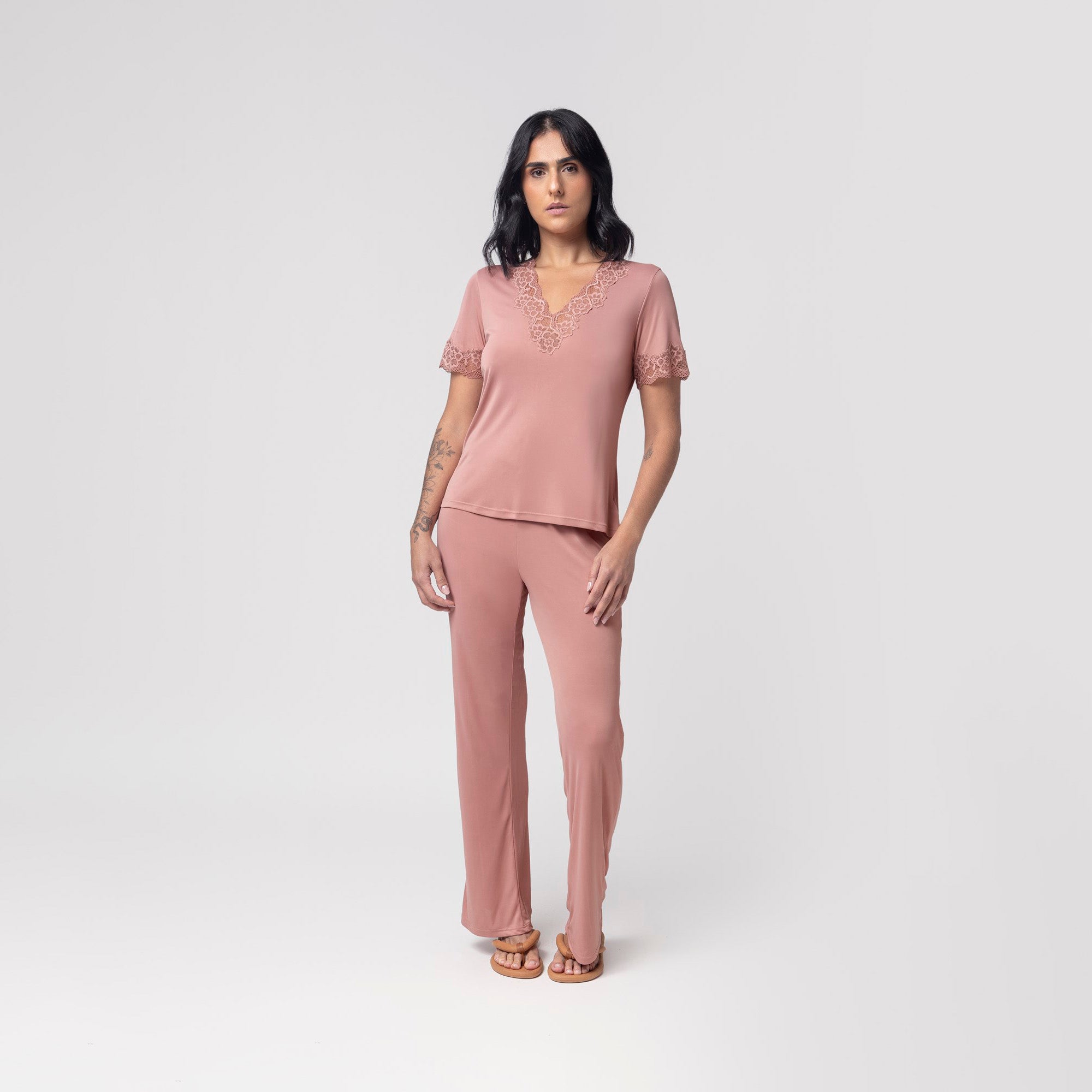 Pijama Feminino Manga Curta Rosa Princess com Renda