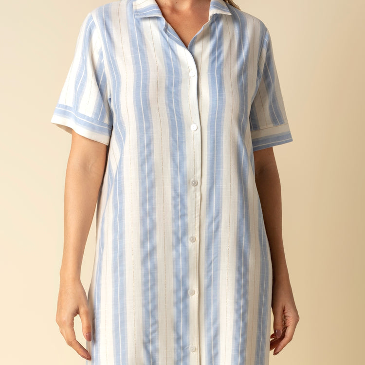 Camisão Feminino Midi Aberto Listrado Azul