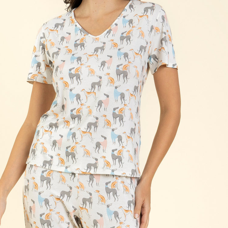 Pijama Feminino Manga Curta Branco Greyhound