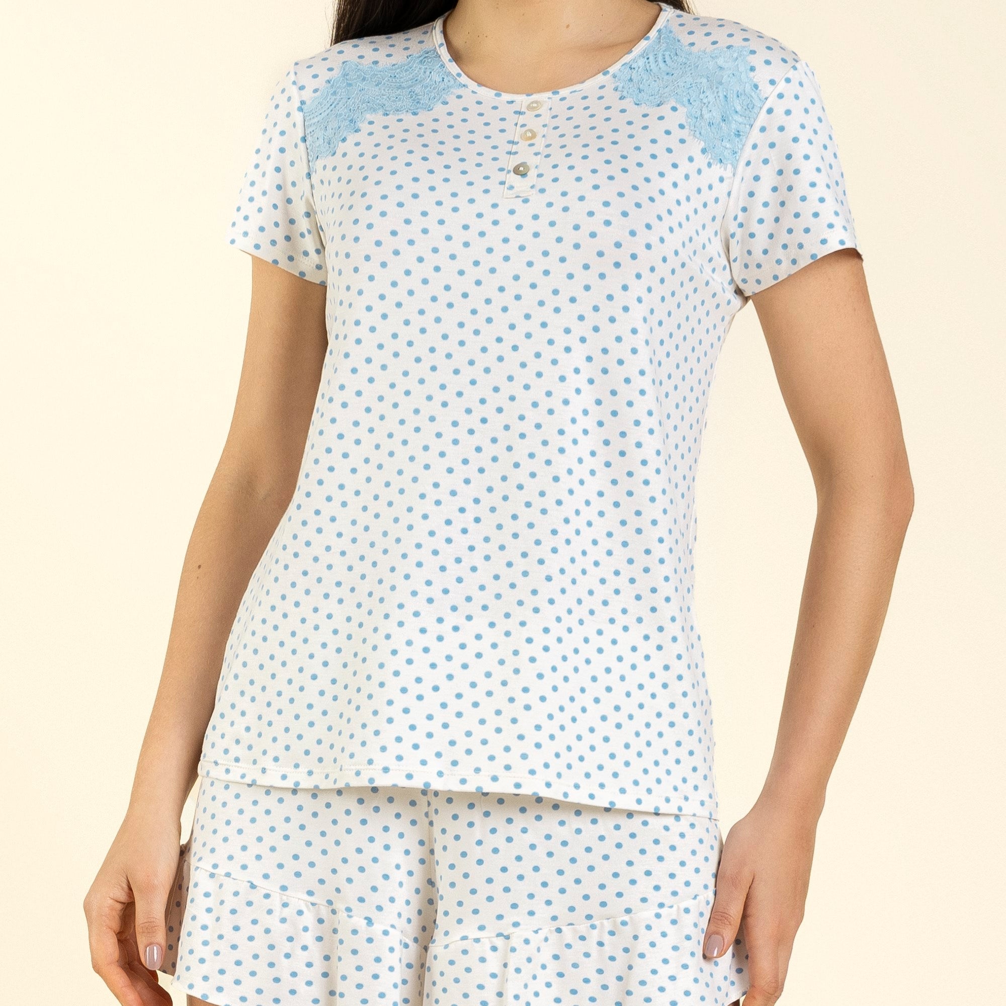 Pijama Feminino Curto Branco com Poás Azul Encante