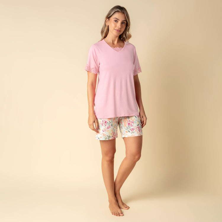 Pijama Feminino Curto Rosa Garden