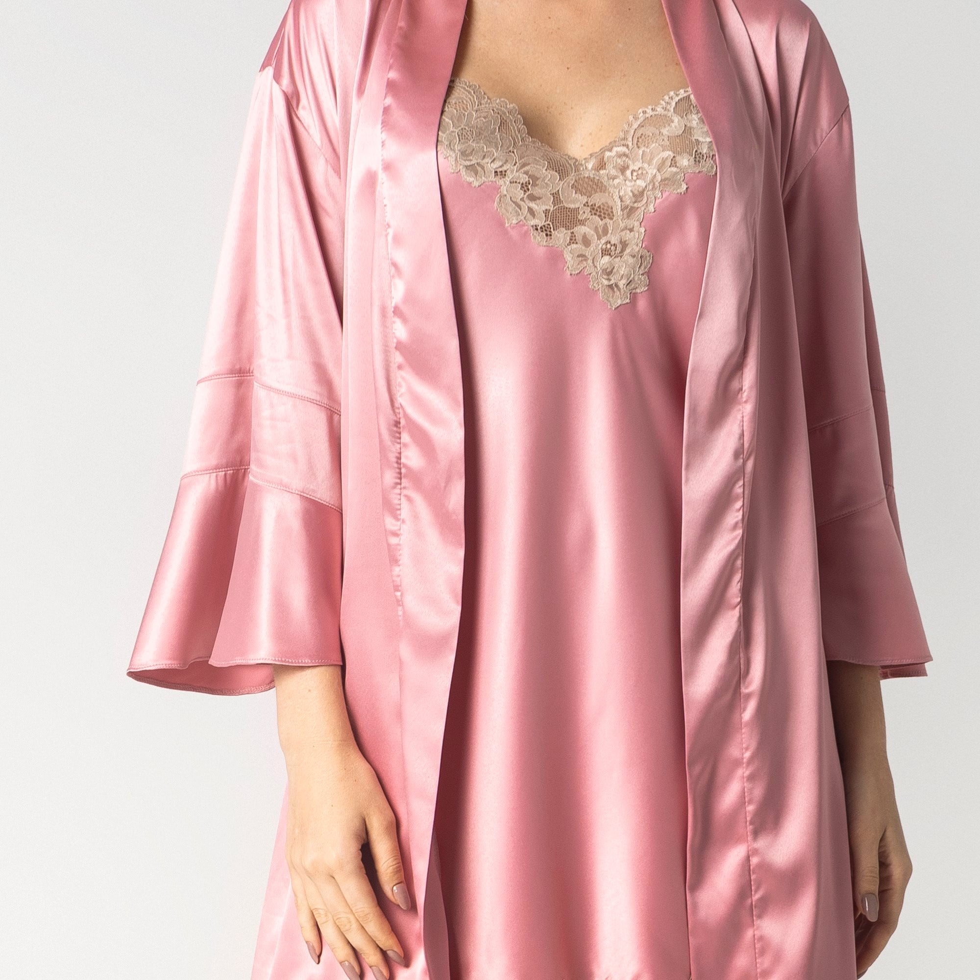 Camisola Curta de Alça Cetim Rosê com Renda