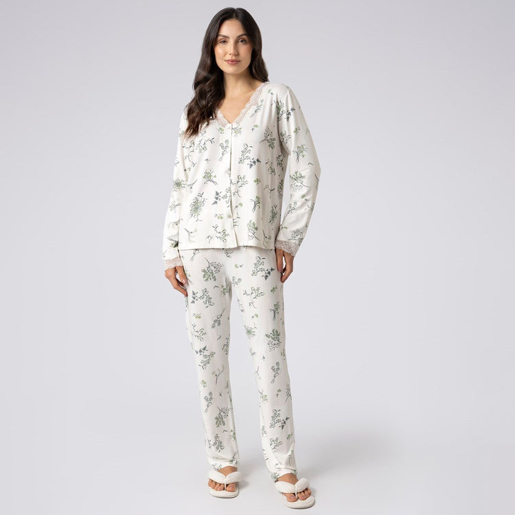 Pijama Feminino Aberto Longo Floral Botânica