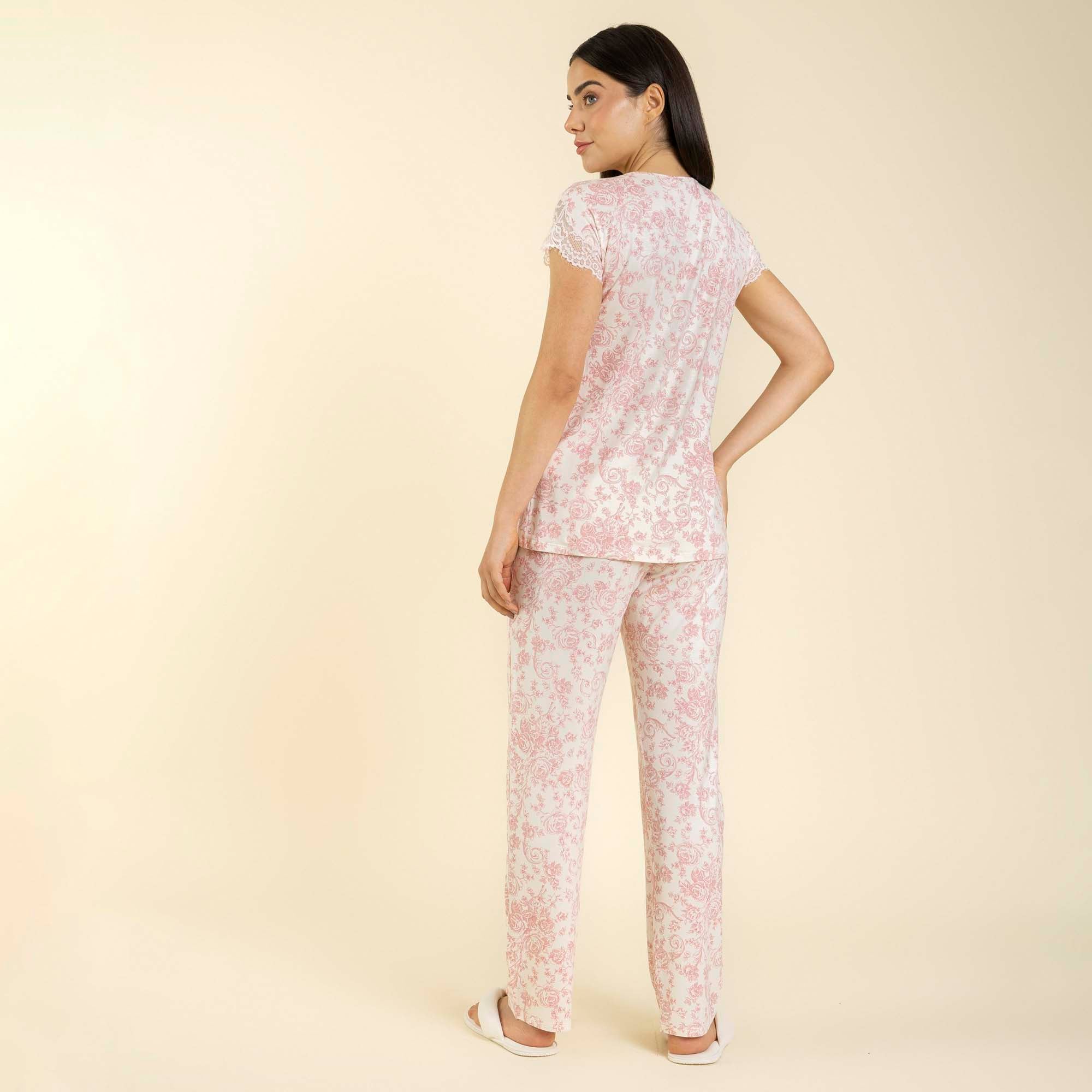 Pijama Feminino Gestante Roses com Renda