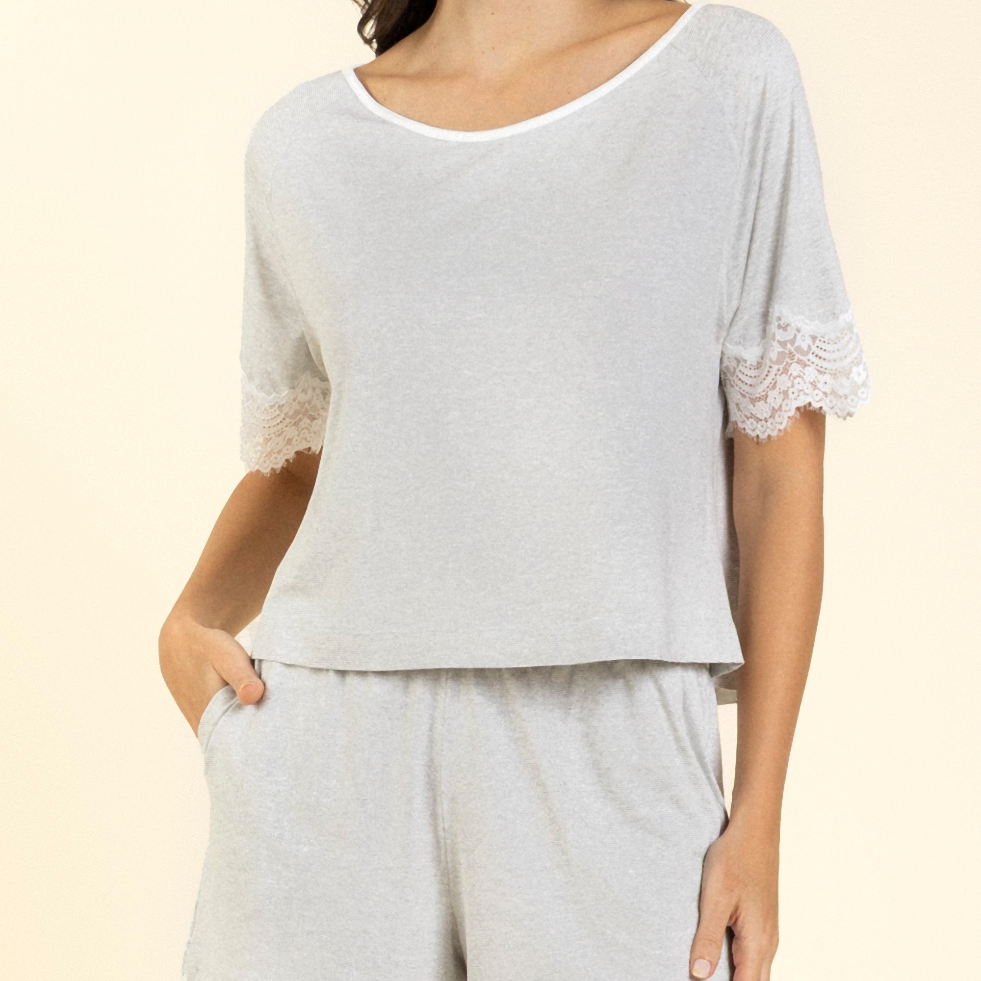 Pijama Feminino Curto Stripe Mescla com Renda