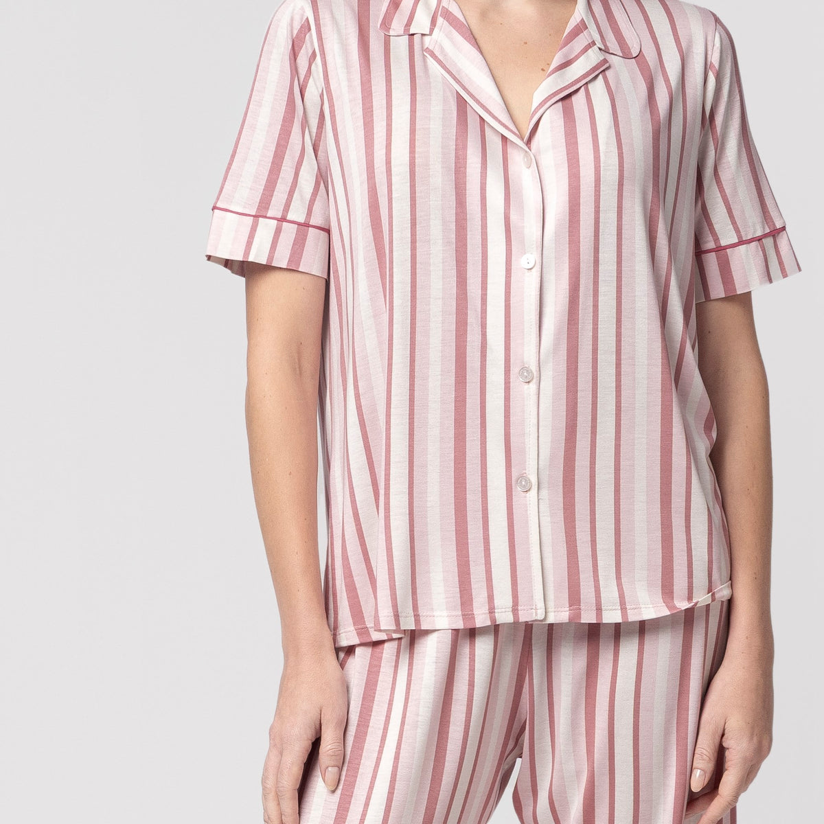 Pijama Feminino Pantacourt Aberto Listrado Rosa