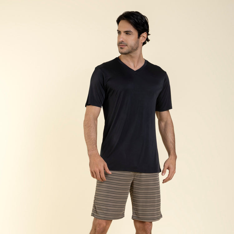 Pijama Masculino Curto Poliamida Listrado Caqui