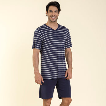 Pijama Masculino Curto Poliamida Listrado Marinho