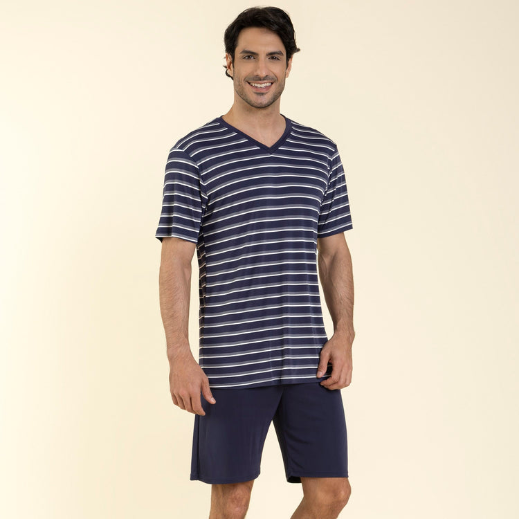 Pijama Masculino Curto Poliamida Listrado Marinho