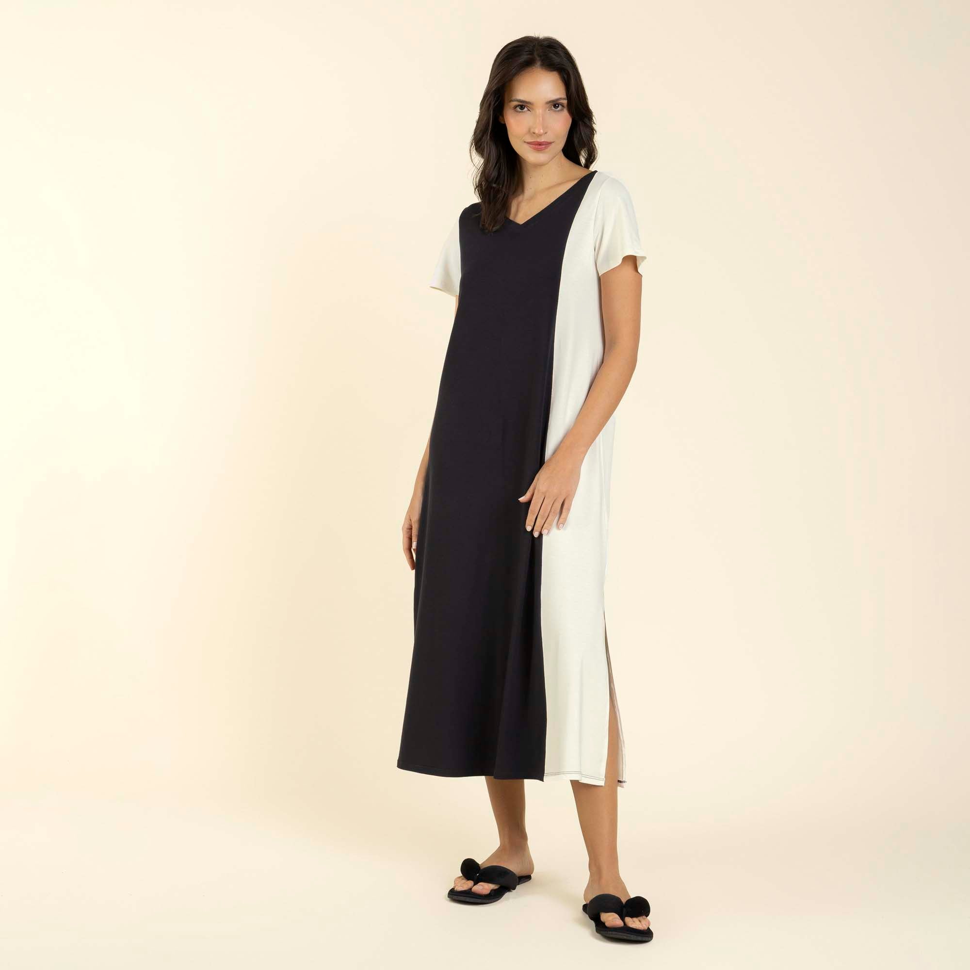Kaftan Feminino Midi Preto com Off White