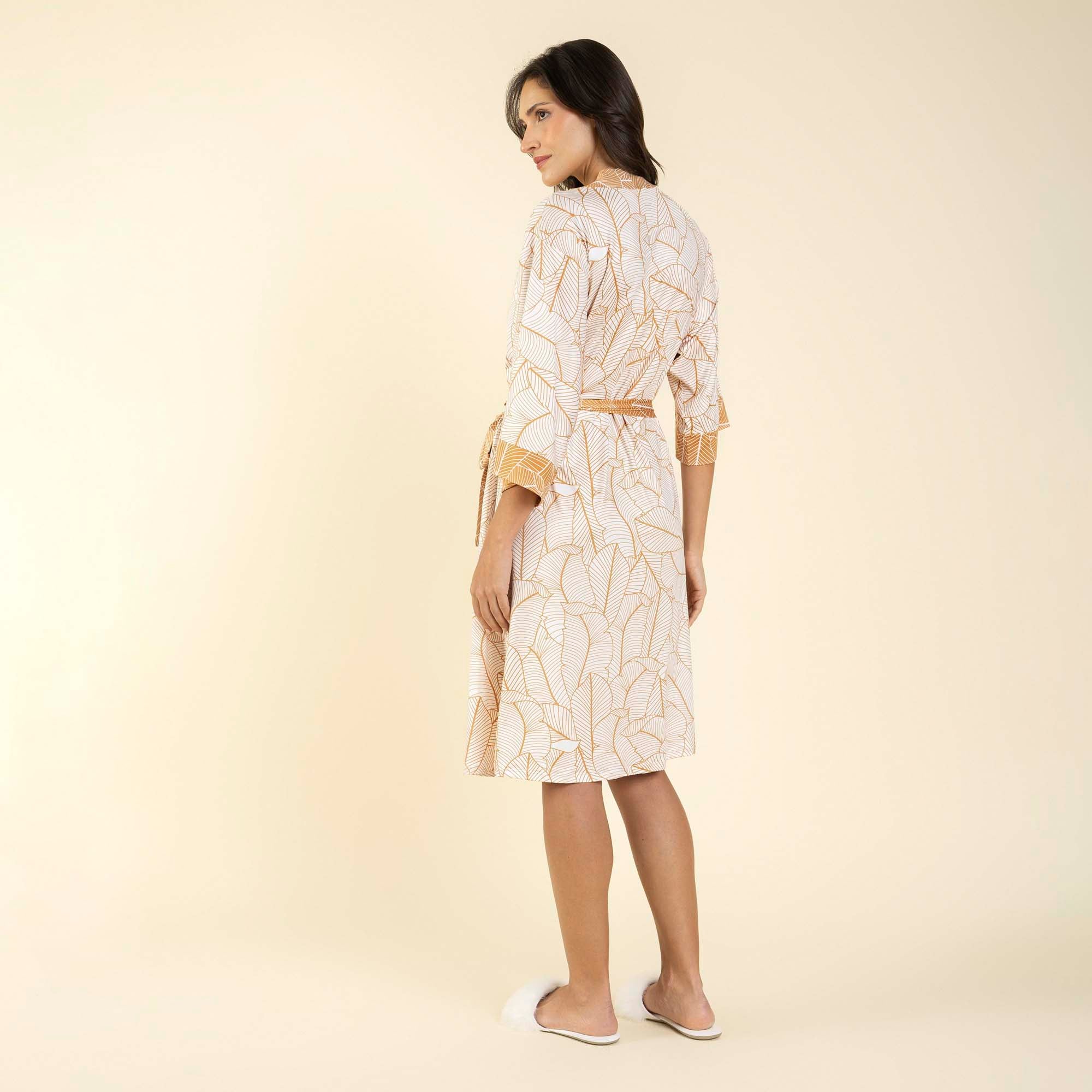 Robe Feminino Midi Folha Off White e Gold
