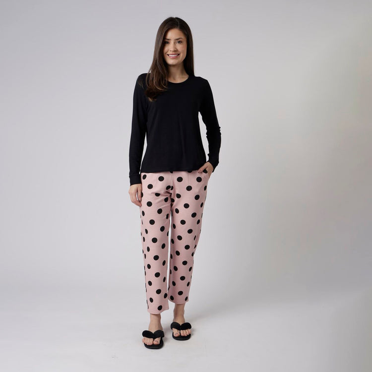 Pijama Feminino Longo Preta e Poá Rosa Lingerie