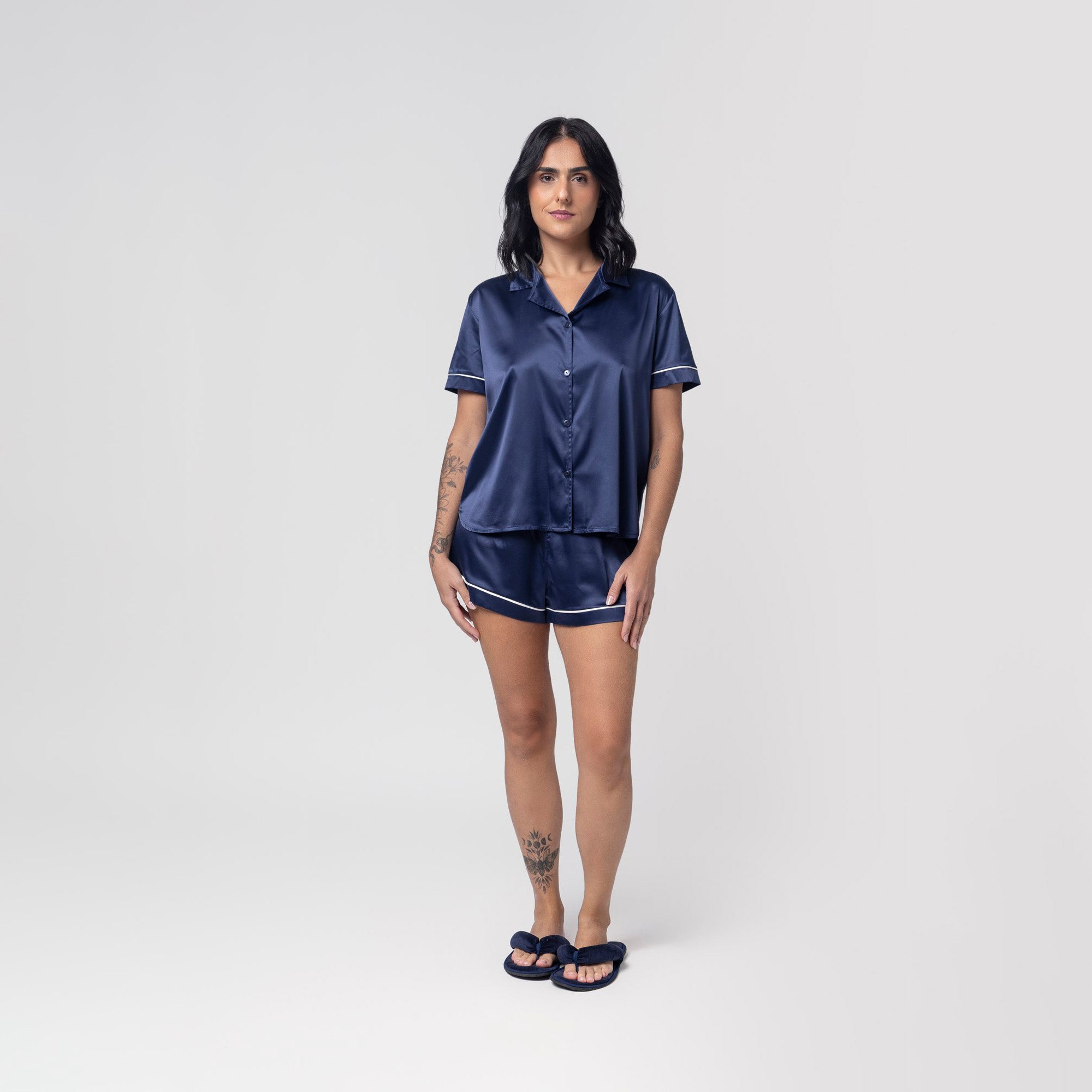 Pijama Feminino Curto Aberto Cetim Marinho