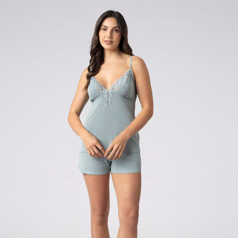 Short Doll de Alça Fina Verde Alecrim com Renda
