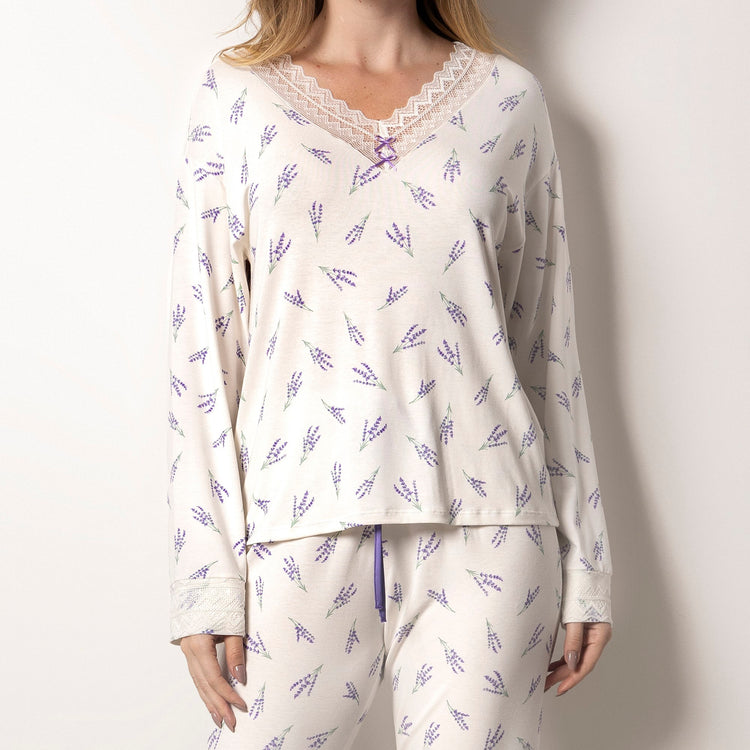 Pijama Feminino Longo Branco Lavanda com Renda