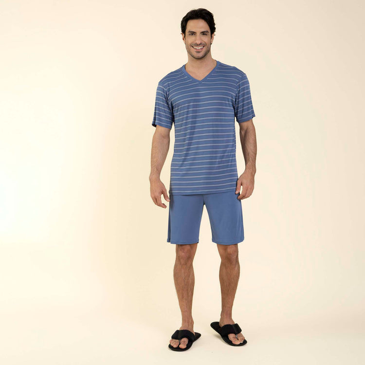 Pijama Masculino Curto Poliamida Listrado Azul Claro