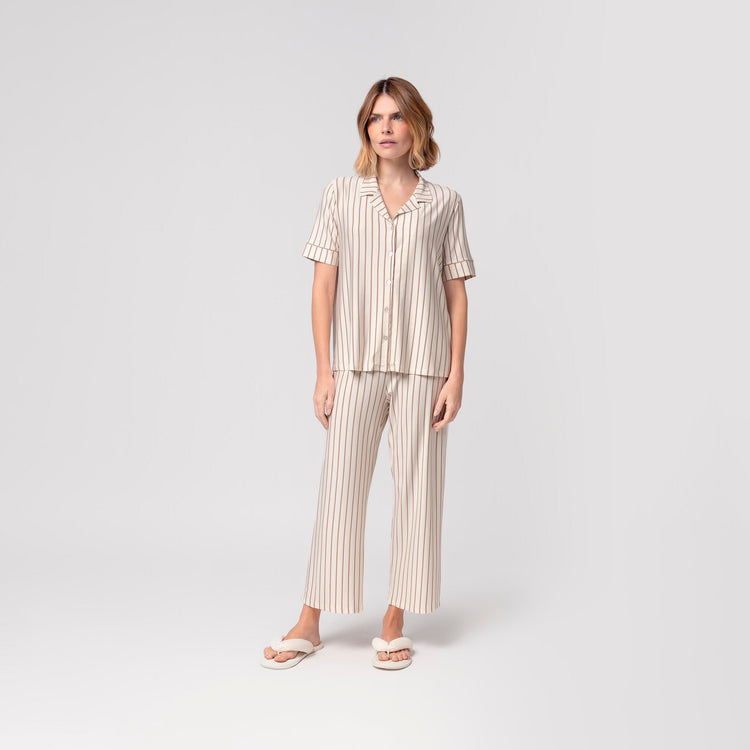 Pijama Feminino Pantacourt Aberto Listrado Khaki