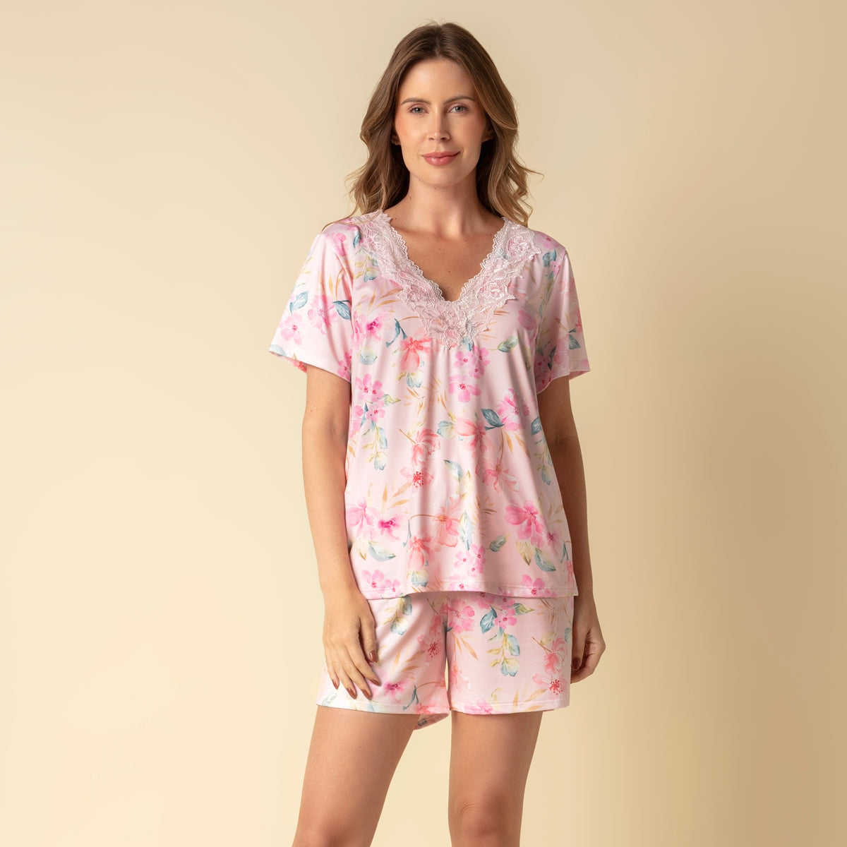 Pijama Feminino Curto Rosa Floral Bisol