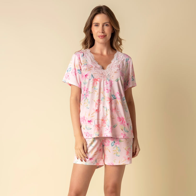 Pijama Feminino Curto Rosa Floral Bisol